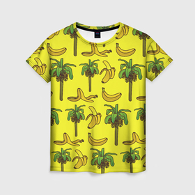 Женская футболка 3D с принтом Пальмы и бананы в Санкт-Петербурге, 100% полиэфир ( синтетическое хлопкоподобное полотно) | прямой крой, круглый вырез горловины, длина до линии бедер | 