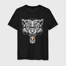 Светящаяся мужская футболка с принтом Голова агрессивного волка в Курске,  |  | Тематика изображения на принте: 