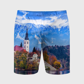 Мужские шорты спортивные с принтом Замок на берегу озера и горы в Курске,  |  | 