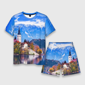 Мужской костюм с шортами 3D с принтом Замок на берегу озера и горы в Курске,  |  | 