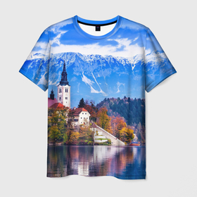 Мужская футболка 3D с принтом Замок на берегу озера и горы в Курске, 100% полиэфир | прямой крой, круглый вырез горловины, длина до линии бедер | 
