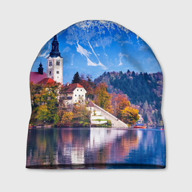 Шапка 3D с принтом Замок на берегу озера и горы в Курске, 100% полиэстер | универсальный размер, печать по всей поверхности изделия | 