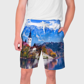 Мужские шорты 3D с принтом Замок на берегу озера и горы в Курске,  полиэстер 100% | прямой крой, два кармана без застежек по бокам. Мягкая трикотажная резинка на поясе, внутри которой широкие завязки. Длина чуть выше колен | 