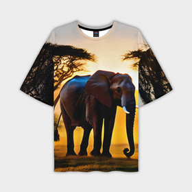 Мужская футболка oversize 3D с принтом Слон в саванне в Санкт-Петербурге,  |  | 