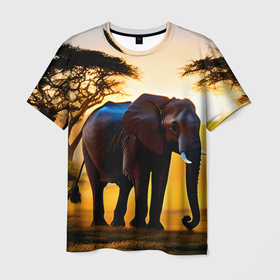 Мужская футболка 3D с принтом Слон в саванне в Тюмени, 100% полиэфир | прямой крой, круглый вырез горловины, длина до линии бедер | 