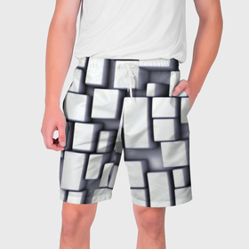 Мужские шорты 3D с принтом Объемные белые плиты в Новосибирске,  полиэстер 100% | прямой крой, два кармана без застежек по бокам. Мягкая трикотажная резинка на поясе, внутри которой широкие завязки. Длина чуть выше колен | 