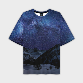 Мужская футболка oversize 3D с принтом Снежные горы и космос ,  |  | 
