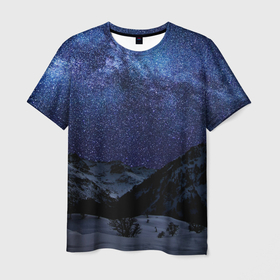 Мужская футболка 3D с принтом Снежные горы и космос , 100% полиэфир | прямой крой, круглый вырез горловины, длина до линии бедер | Тематика изображения на принте: 