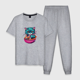 Мужская пижама хлопок с принтом Милый кот ест лапшу в Белгороде, 100% хлопок | брюки и футболка прямого кроя, без карманов, на брюках мягкая резинка на поясе и по низу штанин
 | 