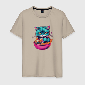 Мужская футболка хлопок с принтом Милый кот ест лапшу в Белгороде, 100% хлопок | прямой крой, круглый вырез горловины, длина до линии бедер, слегка спущенное плечо. | 