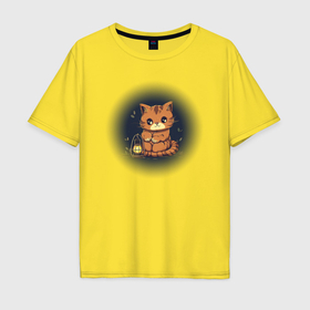 Мужская футболка хлопок Oversize с принтом Милый котик с фонарём сидит в темноте в Курске, 100% хлопок | свободный крой, круглый ворот, “спинка” длиннее передней части | Тематика изображения на принте: 