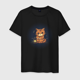 Мужская футболка хлопок с принтом Милый котик с фонарём сидит в темноте в Курске, 100% хлопок | прямой крой, круглый вырез горловины, длина до линии бедер, слегка спущенное плечо. | Тематика изображения на принте: 