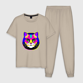 Мужская пижама хлопок с принтом Разноцветный неоновый кот в Петрозаводске, 100% хлопок | брюки и футболка прямого кроя, без карманов, на брюках мягкая резинка на поясе и по низу штанин
 | 