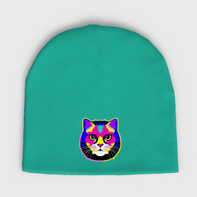 Мужская шапка демисезонная с принтом Разноцветный неоновый кот в Тюмени,  |  | Тематика изображения на принте: 