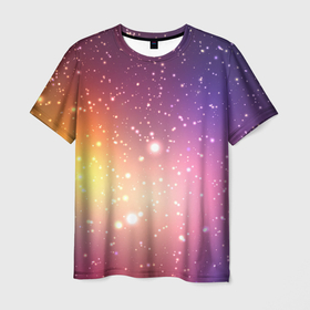 Мужская футболка 3D с принтом Желто фиолетовое свечение и звезды в Екатеринбурге, 100% полиэфир | прямой крой, круглый вырез горловины, длина до линии бедер | 
