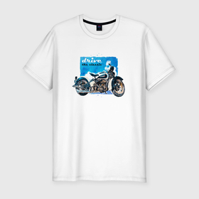 Мужская футболка хлопок Slim с принтом Ретро мотоцикл акварелью в Новосибирске, 92% хлопок, 8% лайкра | приталенный силуэт, круглый вырез ворота, длина до линии бедра, короткий рукав | Тематика изображения на принте: 