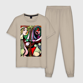 Мужская пижама хлопок с принтом Пабло Пикассо   Девушка перед зеркалом в Екатеринбурге, 100% хлопок | брюки и футболка прямого кроя, без карманов, на брюках мягкая резинка на поясе и по низу штанин
 | 