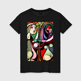 Женская футболка хлопок с принтом Пабло Пикассо   Девушка перед зеркалом в Санкт-Петербурге, 100% хлопок | прямой крой, круглый вырез горловины, длина до линии бедер, слегка спущенное плечо | 