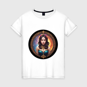 Женская футболка хлопок с принтом Девушка медальон венок в Екатеринбурге, 100% хлопок | прямой крой, круглый вырез горловины, длина до линии бедер, слегка спущенное плечо | 