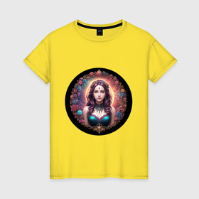 Женская футболка хлопок с принтом Девушка в цветочном круге , 100% хлопок | прямой крой, круглый вырез горловины, длина до линии бедер, слегка спущенное плечо | 
