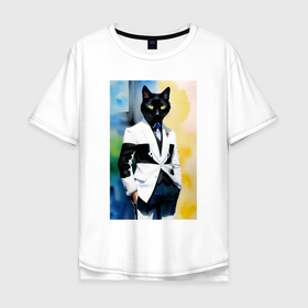 Мужская футболка хлопок Oversize с принтом Модный чёрный кот джентльмен   мем в Тюмени, 100% хлопок | свободный крой, круглый ворот, “спинка” длиннее передней части | Тематика изображения на принте: 