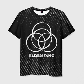 Мужская футболка 3D с принтом Elden Ring с потертостями на темном фоне в Екатеринбурге, 100% полиэфир | прямой крой, круглый вырез горловины, длина до линии бедер | 