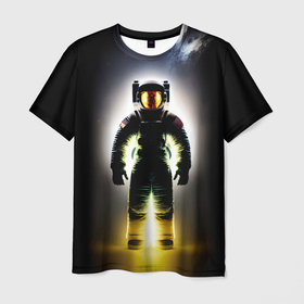 Мужская футболка 3D с принтом Неоновый космонавт   нейросеть в Тюмени, 100% полиэфир | прямой крой, круглый вырез горловины, длина до линии бедер | 
