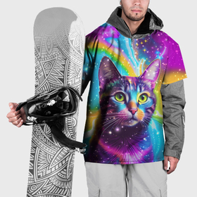 Накидка на куртку 3D с принтом Полосатый кот с разноцветной звездной туманностью в Новосибирске, 100% полиэстер |  | Тематика изображения на принте: 
