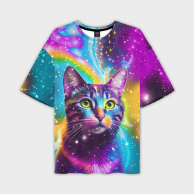 Мужская футболка oversize 3D с принтом Полосатый кот с разноцветной звездной туманностью в Новосибирске,  |  | 