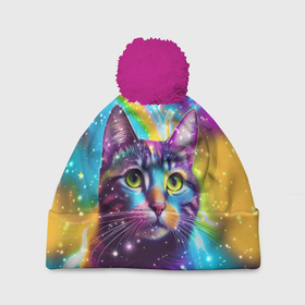 Шапка 3D c помпоном с принтом Полосатый кот с разноцветной звездной туманностью в Кировске, 100% полиэстер | универсальный размер, печать по всей поверхности изделия | 
