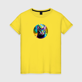 Женская футболка хлопок с принтом Полосатый кот с разноцветными абстрактным свечением в Екатеринбурге, 100% хлопок | прямой крой, круглый вырез горловины, длина до линии бедер, слегка спущенное плечо | 