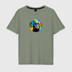 Мужская футболка хлопок Oversize с принтом Полосатый кот с разноцветными абстрактным свечением , 100% хлопок | свободный крой, круглый ворот, “спинка” длиннее передней части | Тематика изображения на принте: 
