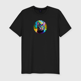 Мужская футболка хлопок Slim с принтом Полосатый кот с разноцветными абстрактным свечением в Санкт-Петербурге, 92% хлопок, 8% лайкра | приталенный силуэт, круглый вырез ворота, длина до линии бедра, короткий рукав | 