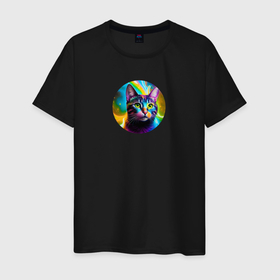 Мужская футболка хлопок с принтом Полосатый кот с разноцветными абстрактным свечением в Санкт-Петербурге, 100% хлопок | прямой крой, круглый вырез горловины, длина до линии бедер, слегка спущенное плечо. | 
