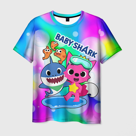 Мужская футболка 3D с принтом Baby Shark in bubbles в Курске, 100% полиэфир | прямой крой, круглый вырез горловины, длина до линии бедер | Тематика изображения на принте: 