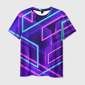 Мужская футболка 3D с принтом Светящиеся разноцветные полосы в Курске, 100% полиэфир | прямой крой, круглый вырез горловины, длина до линии бедер | Тематика изображения на принте: 