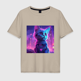 Мужская футболка хлопок Oversize с принтом Неоновый котёнок на фоне киберпанк города , 100% хлопок | свободный крой, круглый ворот, “спинка” длиннее передней части | 