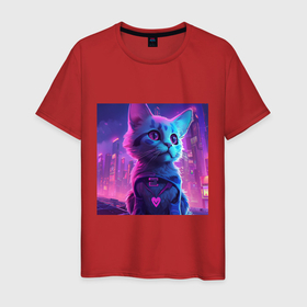 Мужская футболка хлопок с принтом Неоновый котёнок на фоне киберпанк города , 100% хлопок | прямой крой, круглый вырез горловины, длина до линии бедер, слегка спущенное плечо. | 