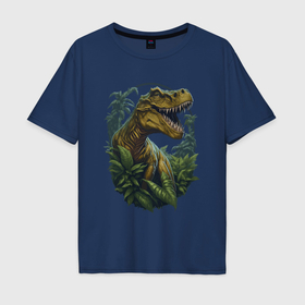 Мужская футболка хлопок Oversize с принтом Тираннозавр Рекс в джунглях в Новосибирске, 100% хлопок | свободный крой, круглый ворот, “спинка” длиннее передней части | 