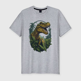 Мужская футболка хлопок Slim с принтом Тираннозавр Рекс в джунглях в Курске, 92% хлопок, 8% лайкра | приталенный силуэт, круглый вырез ворота, длина до линии бедра, короткий рукав | 