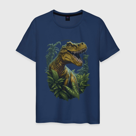 Мужская футболка хлопок с принтом Тираннозавр Рекс в джунглях в Новосибирске, 100% хлопок | прямой крой, круглый вырез горловины, длина до линии бедер, слегка спущенное плечо. | 