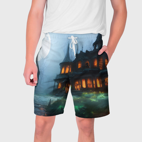 Мужские шорты 3D с принтом Замок в лесу в Курске,  полиэстер 100% | прямой крой, два кармана без застежек по бокам. Мягкая трикотажная резинка на поясе, внутри которой широкие завязки. Длина чуть выше колен | 