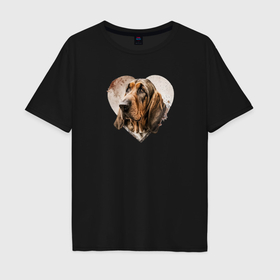 Мужская футболка хлопок Oversize с принтом Навсегда в сердце: бладхаунд в Тюмени, 100% хлопок | свободный крой, круглый ворот, “спинка” длиннее передней части | Тематика изображения на принте: 