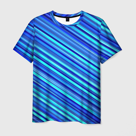Мужская футболка 3D с принтом Сине голубые узорчатые полосы , 100% полиэфир | прямой крой, круглый вырез горловины, длина до линии бедер | 