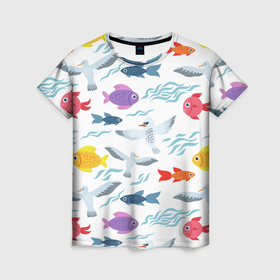 Женская футболка 3D с принтом Рыбы и чайки в Петрозаводске, 100% полиэфир ( синтетическое хлопкоподобное полотно) | прямой крой, круглый вырез горловины, длина до линии бедер | 