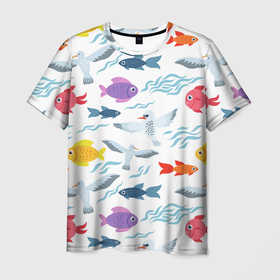 Мужская футболка 3D с принтом Рыбы и чайки в Санкт-Петербурге, 100% полиэфир | прямой крой, круглый вырез горловины, длина до линии бедер | 