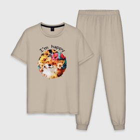 Мужская пижама хлопок с принтом Счастливая лиса. Акварель в Тюмени, 100% хлопок | брюки и футболка прямого кроя, без карманов, на брюках мягкая резинка на поясе и по низу штанин
 | 