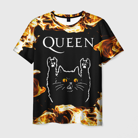 Мужская футболка 3D с принтом Queen рок кот и огонь в Курске, 100% полиэфир | прямой крой, круглый вырез горловины, длина до линии бедер | 