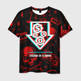 Мужская футболка 3D с принтом System of a Down rock glitch в Рязани, 100% полиэфир | прямой крой, круглый вырез горловины, длина до линии бедер | 