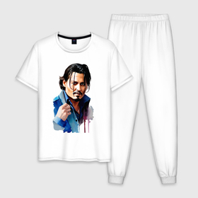 Мужская пижама хлопок с принтом Johnny Depp   watercolor в Тюмени, 100% хлопок | брюки и футболка прямого кроя, без карманов, на брюках мягкая резинка на поясе и по низу штанин
 | 